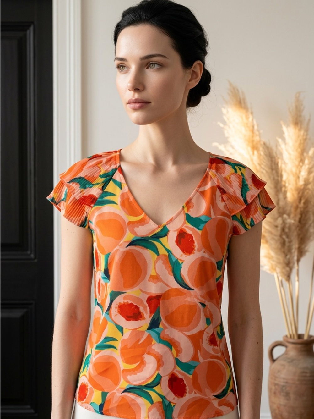 NWT DR2 Womens XS Peaches Print Multicolored Accordion Sleeve V Neck Blouse